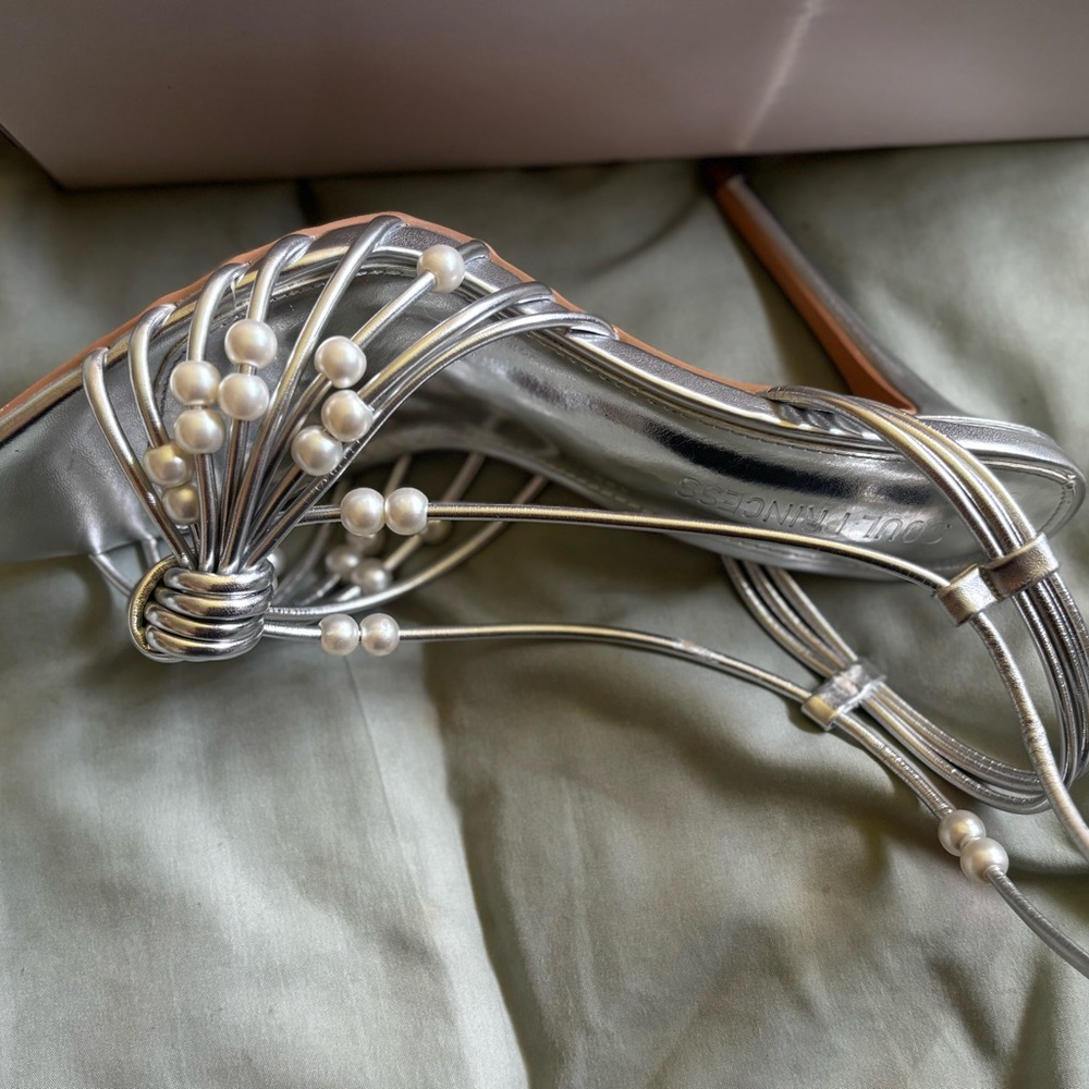 Elegant Silver Strappy Heels with Pearl Accents